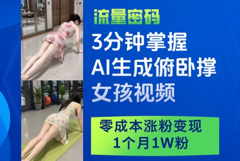 3分钟掌握AI生成俯卧撑女孩视频，零成本涨粉变现，1个月1W粉-知库商学院