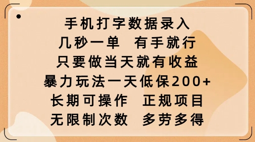 手机打字数据录入，几秒一单，有手就行，只要做当天就有收益，暴力玩法一天低保2张-知库商学院